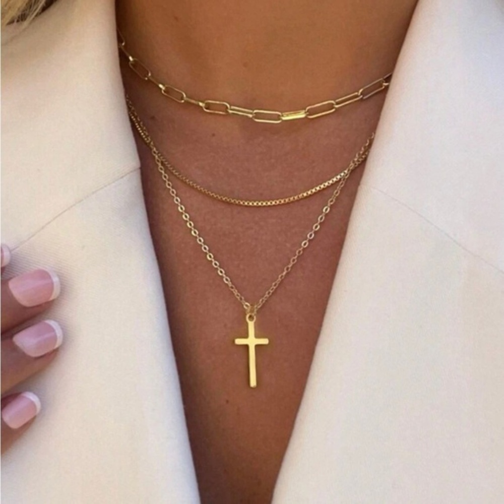 Gold 3pc Cross Chain Necklace Set